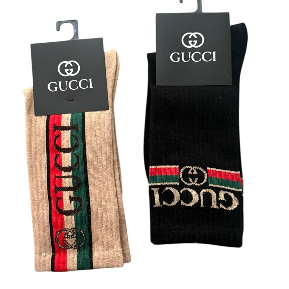 NWT 2 Pair Gucci Outlet Men's Socks Tan and black with classic Gucci Stripes - Picture 2 of 4